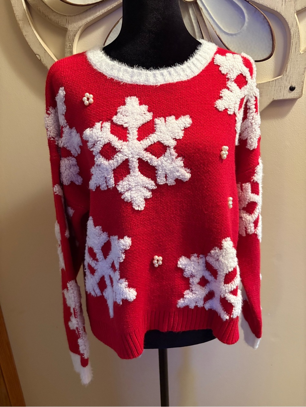 Beautiful Red Snowflake Holiday Sweater with Pearl Accents